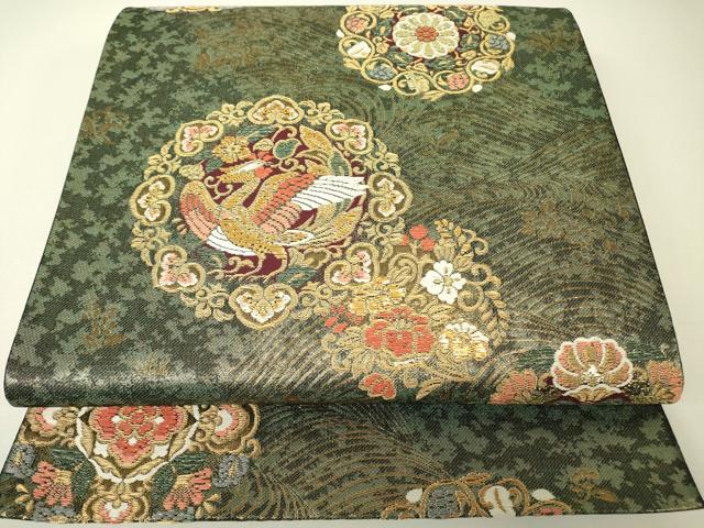 平和屋着物▼六通柄袋帯 正倉院鳳凰花文 金糸 正絹 逸品 DABH6627az