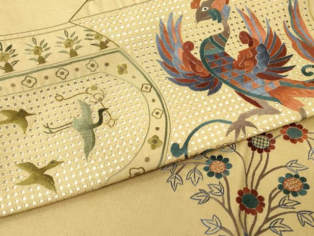 平和屋着物●中国三大刺繍 スワトウ刺繍 汕頭刺繍 総刺繍 太鼓柄袋帯 紬地 鳳凰花文 正絹 逸品 DABH6632az