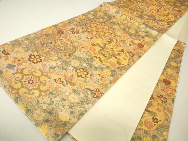 平和屋着物▼六通柄袋帯 古代彫金紋 正倉院向い鳥花文 正絹 逸品 未使用 DABH6666az