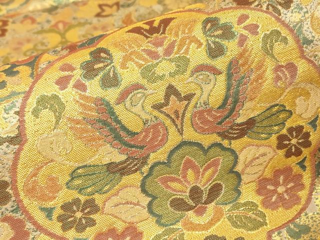 平和屋着物▼六通柄袋帯 古代彫金紋 正倉院向い鳥花文 正絹 逸品 未使用 DABH6666az