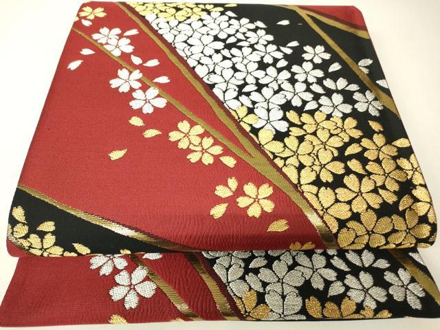 平和屋着物▼西陣 六通柄袋帯 舞桜文 金銀糸 証紙付き 正絹 逸品 未使用 DABH6676az