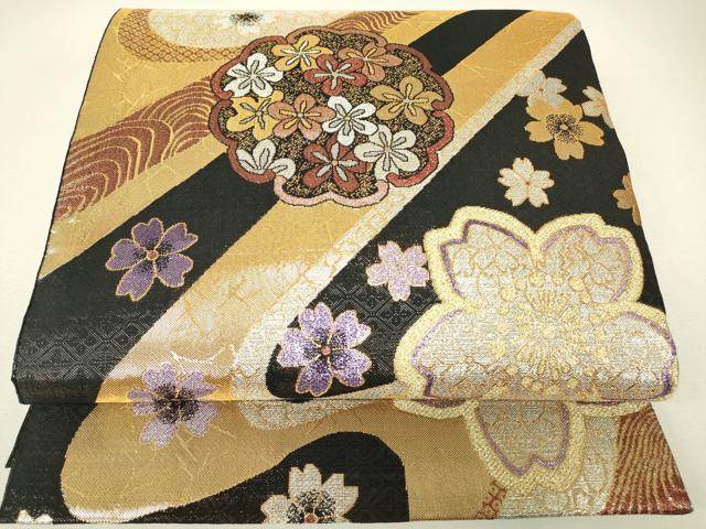 平和屋着物▼佐賀錦 六通柄袋帯 桜花紋 黒地 金糸 正絹 逸品 DABH6716az