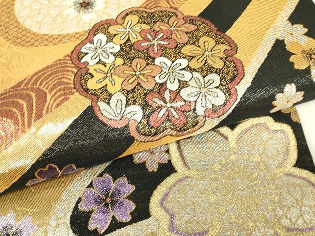 平和屋着物▼佐賀錦 六通柄袋帯 桜花紋 黒地 金糸 正絹 逸品 DABH6716az