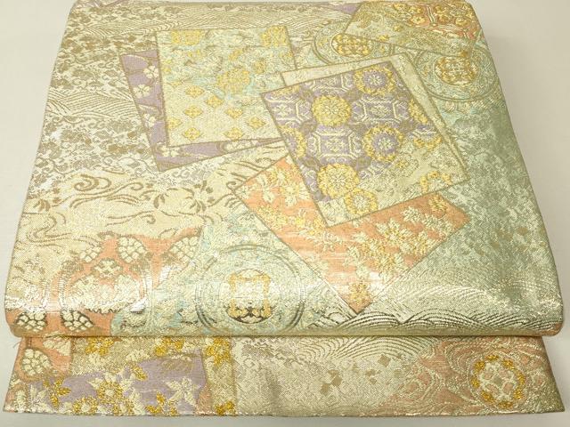 平和屋着物▼六通柄袋帯 色紙重ね花文 金糸 正絹 逸品 DABH6756az