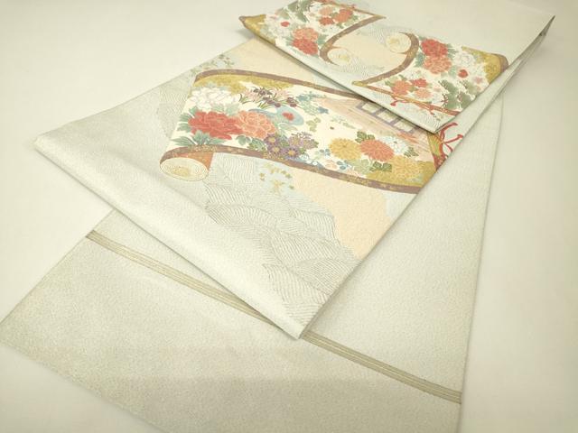 平和屋着物▼明綴れ 太鼓柄袋帯 風景花絵巻 金糸 正絹 逸品 DABH6769az