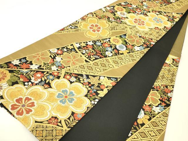平和屋着物▼六通柄袋帯 竹取七宝花文 黒地 金糸 正絹 逸品 DABH6777az