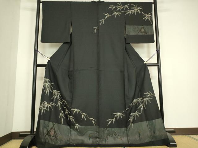 平和屋着物●訪問着 雪持ち笹 黒地 金彩 正絹 逸品 DABH6819az