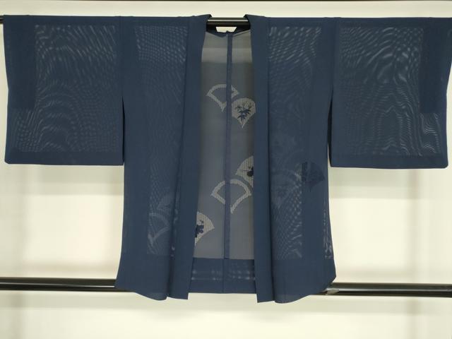 平和屋着物▽中国三大刺繍 スワトウ刺繍 汕頭刺繍 羽織 スリーシーズン 春夏秋 塵除け 絽 扇面花文 青藍色 正絹 逸品 DABH6843az