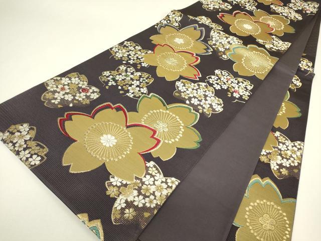 平和屋着物▼六通柄袋帯 舞桜文 金糸 正絹 逸品 DABH6865az