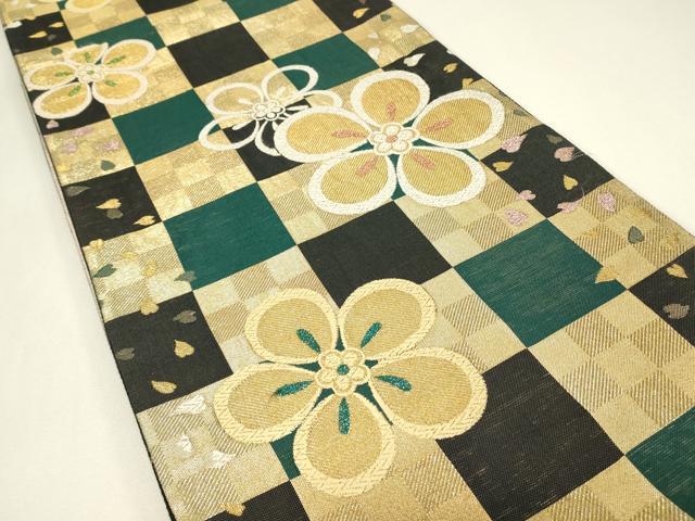平和屋着物▼六通柄袋帯 唐織 市松花文 金糸 正絹 逸品 DABH6876az