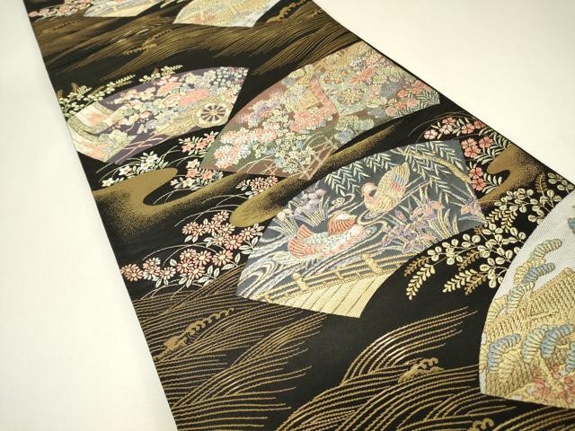 平和屋着物▼西陣 田中義織物謹製 六通柄袋帯 加賀珀鳳 九百錦 珀鳳絵巻 黒地 金糸 証紙付き 正絹 逸品 未使用 DABH6910az