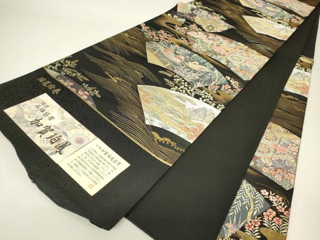 平和屋着物▼西陣 田中義織物謹製 六通柄袋帯 加賀珀鳳 九百錦 珀鳳絵巻 黒地 金糸 証紙付き 正絹 逸品 未使用 DABH6910az