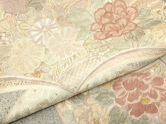 平和屋着物●中国三大刺繍 スワトウ刺繍 汕頭刺繍 相良刺繍 総刺繍 太鼓柄袋帯 紬地 冊子花文 正絹 逸品 DABH6944az