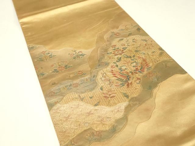 平和屋着物▼中国三大刺繍 スワトウ刺繍 汕頭刺繍 太鼓柄袋帯 向い鳥鳳凰更紗花文 金彩 正絹 逸品 DABH6947az