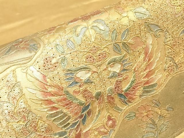 平和屋着物▼中国三大刺繍 スワトウ刺繍 汕頭刺繍 太鼓柄袋帯 向い鳥鳳凰更紗花文 金彩 正絹 逸品 DABH6947az