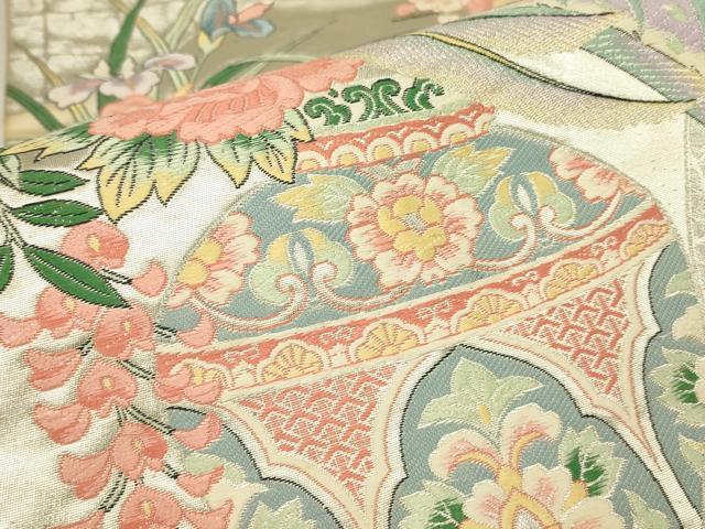 平和屋着物▼六通柄袋帯 唐織 尾長鳥陶器花文 金銀糸 正絹 逸品 DABH6975az
