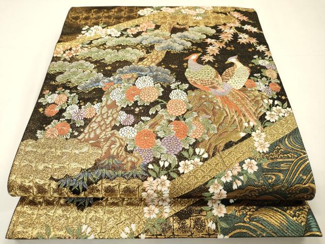 平和屋本店▼六通柄袋帯 唐織 九百錦 花鳥文 黒地 本金箔 正絹 逸品 DABH7012fe