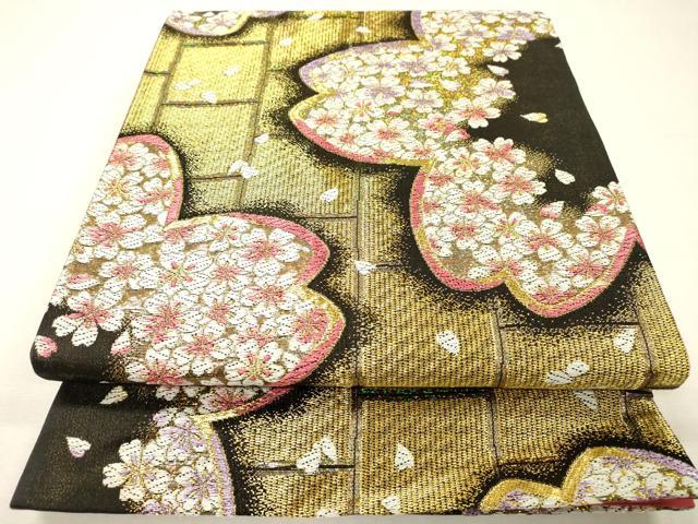 平和屋着物▼西陣 熊井一雄作 六通柄袋帯 舞桜 金糸 証紙付き 正絹 逸品 DABH7024fe