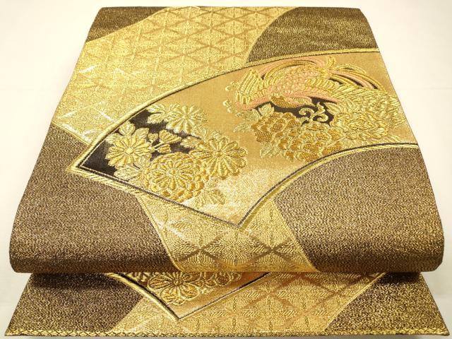 平和屋着物▼西陣 丸勇謹製 六通柄袋帯 地紙花鳥文 金糸 証紙付き 正絹 逸品 DABH7042fe