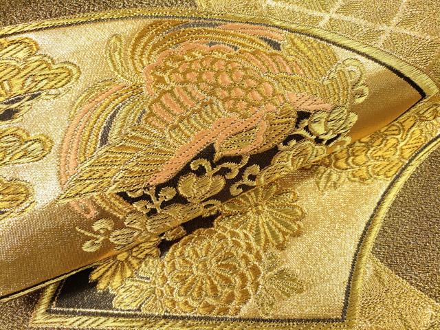 平和屋着物▼西陣 丸勇謹製 六通柄袋帯 地紙花鳥文 金糸 証紙付き 正絹 逸品 DABH7042fe