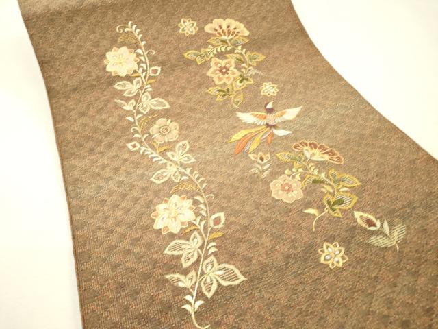 平和屋着物▼八寸名古屋帯 駒刺繍 総刺繍 花鳥文 金糸 正絹 逸品 DABH7065fe
