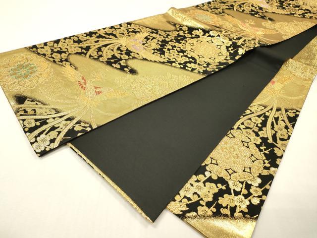 平和屋着物▼六通柄袋帯 正倉院鳳凰花文 黒地 金糸 正絹 逸品 DABH7066fe