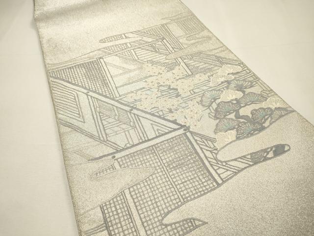 平和屋着物▼綴れ 太鼓柄袋帯 総刺繍 風景花松文 銀糸 正絹 逸品 DABH7111fe