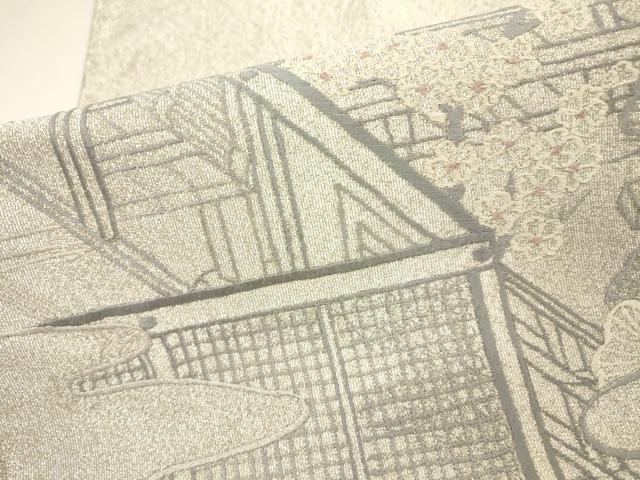 平和屋着物▼綴れ 太鼓柄袋帯 総刺繍 風景花松文 銀糸 正絹 逸品 DABH7111fe