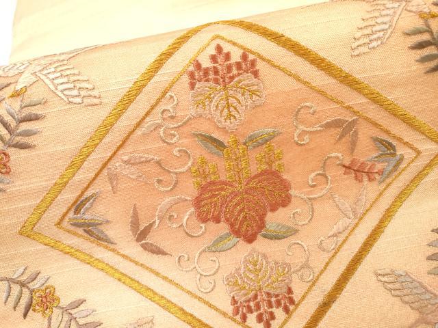 平和屋着物▼太鼓柄袋帯 総刺繍 花喰い鳥 桐花唐草菱文 金糸 正絹 逸品 DABH7122fe