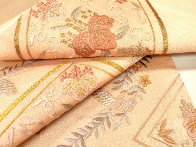 平和屋着物▼太鼓柄袋帯 総刺繍 花喰い鳥 桐花唐草菱文 金糸 正絹 逸品 DABH7122fe