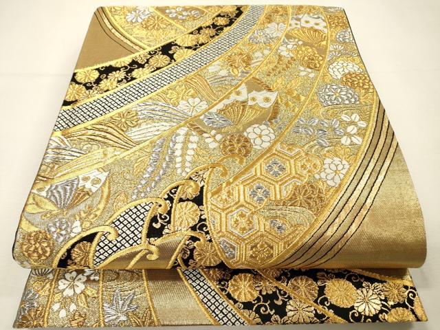 平和屋着物▼六通柄袋帯 唐織 立波舞蝶吉祥花文 金銀糸 正絹 逸品 DABH7123fe