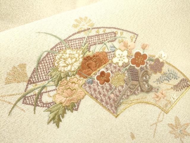 平和屋着物▼中国三大刺繍 スワトウ刺繍 汕頭刺繍 相良刺繍 綴れ 九寸名古屋帯 地紙御所車花文 金銀糸 正絹 逸品 DABH7126fe