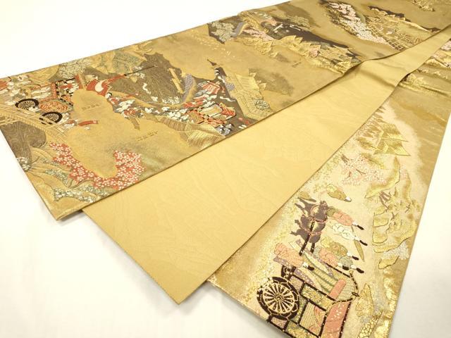 平和屋着物▼全通全景柄袋帯 洛中洛外図 金糸 反端付き 正絹 逸品 DABH7148fe