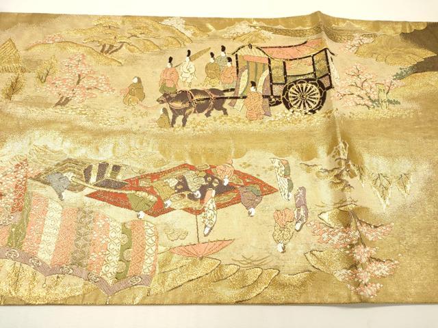 平和屋着物▼全通全景柄袋帯 洛中洛外図 金糸 反端付き 正絹 逸品 DABH7148fe