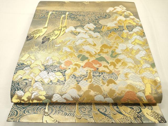平和屋着物▼六通柄袋帯 流水群れ鶴松文 金銀糸 引箔 正絹 逸品 DABH7151fe