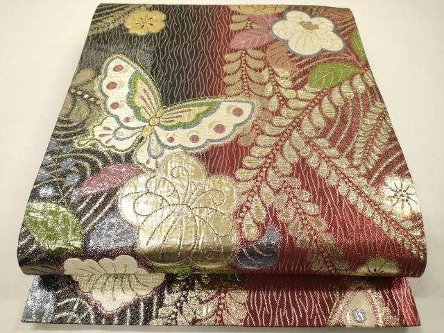 平和屋着物▼六通柄袋帯 辻が花 舞蝶花文 金糸 正絹 逸品 DABH7165fe