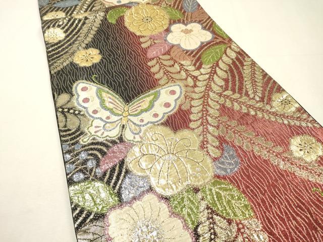 平和屋着物▼六通柄袋帯 辻が花 舞蝶花文 金糸 正絹 逸品 DABH7165fe