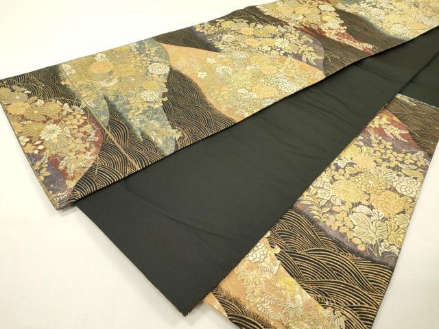 平和屋着物▼六通柄袋帯 誰が袖屏風花文 黒地 金銀糸 引箔 正絹 逸品 DABH7166fe