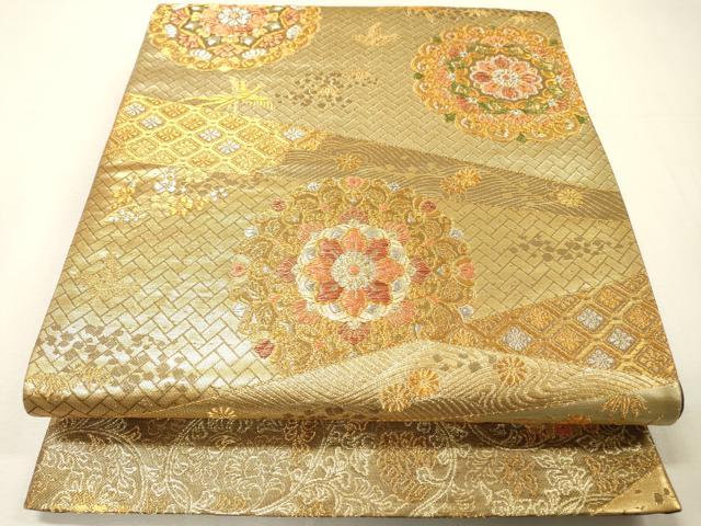 平和屋本店▼六通柄袋帯 正倉院鳳凰花文 純金 二重箔 正絹 逸品 DABH7205fe