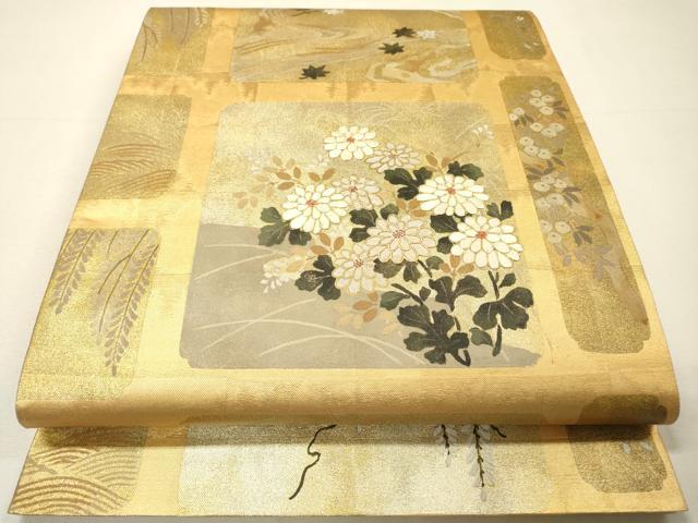 平和屋着物▼六通柄袋帯 駒刺繍 色紙花文 金彩 正絹 逸品 DABH7215fe