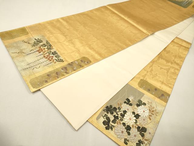 平和屋着物▼六通柄袋帯 駒刺繍 色紙花文 金彩 正絹 逸品 DABH7215fe