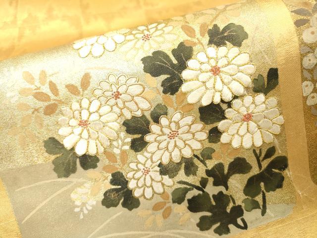 平和屋着物▼六通柄袋帯 駒刺繍 色紙花文 金彩 正絹 逸品 DABH7215fe