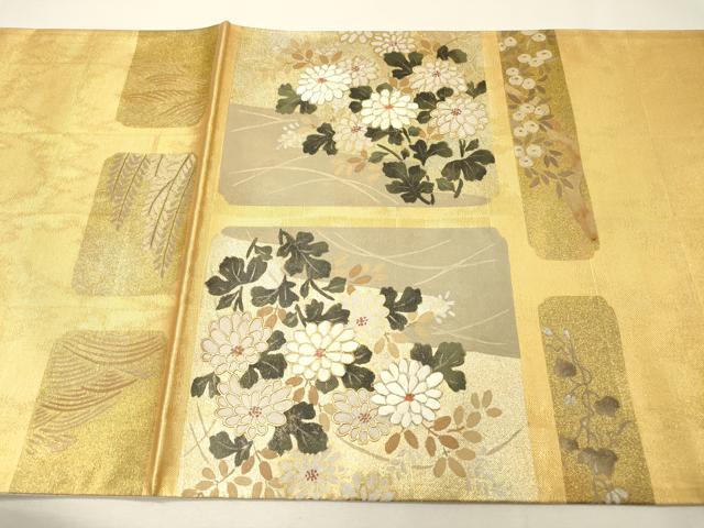 平和屋着物▼六通柄袋帯 駒刺繍 色紙花文 金彩 正絹 逸品 DABH7215fe
