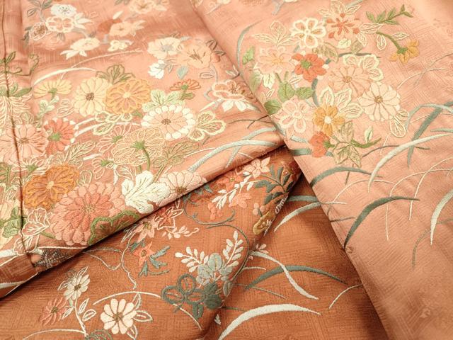 平和屋着物▼中国三大刺繍 相良刺繍 総刺繍 訪問着 芝花文 暈し染 金糸 正絹 逸品 DABH7256fe