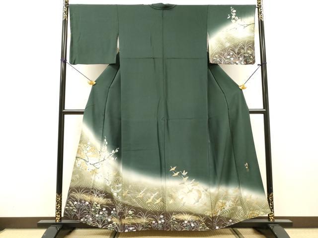 平和屋着物▼螺鈿作家 藤本隆士 訪問着 螺鈿 手描き 飛鶴草花文 暈し染 金銀彩 正絹 逸品 DABH7279fe