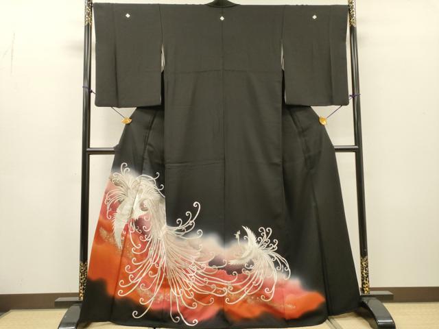 平和屋着物▼豪華黒留袖 刺繍 鳳凰 暈し染 銀糸 正絹 逸品 DABH7281fe