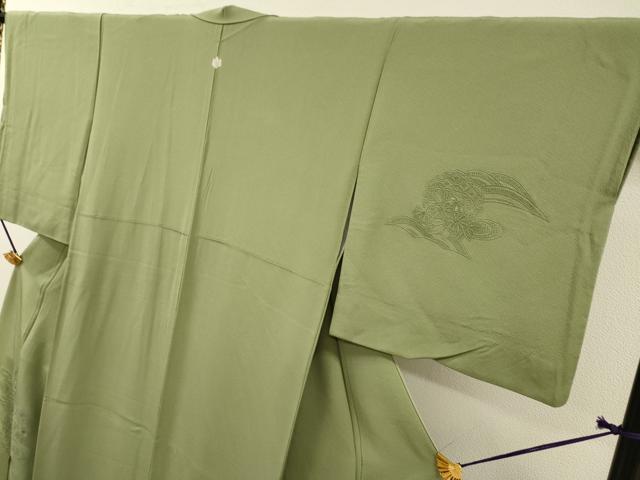 平和屋着物▼中国三大刺繍 スワトウ刺繍 汕頭刺繍 総刺繍 無地絵羽訪問着 流水花文 山葵色 正絹 逸品 DABH7295fe