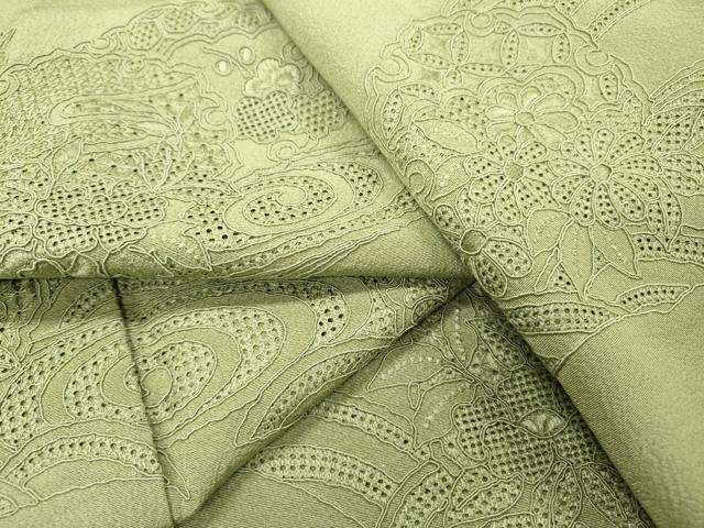 平和屋着物▼中国三大刺繍 スワトウ刺繍 汕頭刺繍 総刺繍 無地絵羽訪問着 流水花文 山葵色 正絹 逸品 DABH7295fe