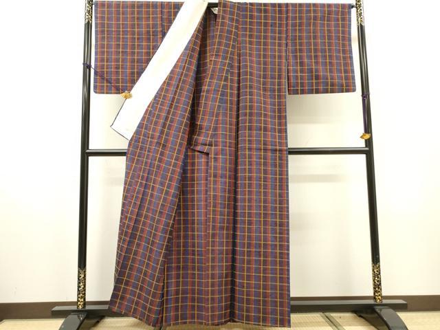 平和屋着物▽上質な紬 単衣 格子 正絹 逸品 DABH7346fe
