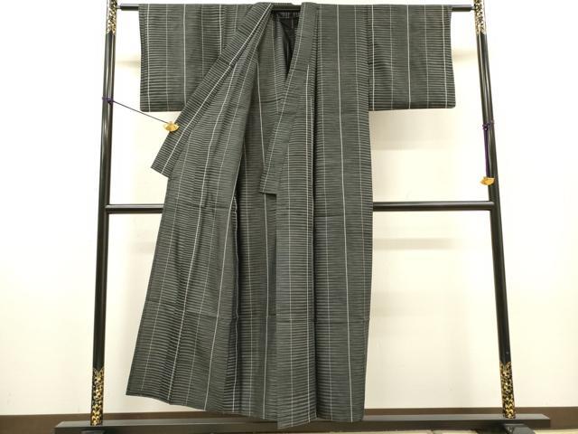 平和屋着物▽上質な紬 単衣 横段文 黒地 正絹 逸品 DABH7349fe